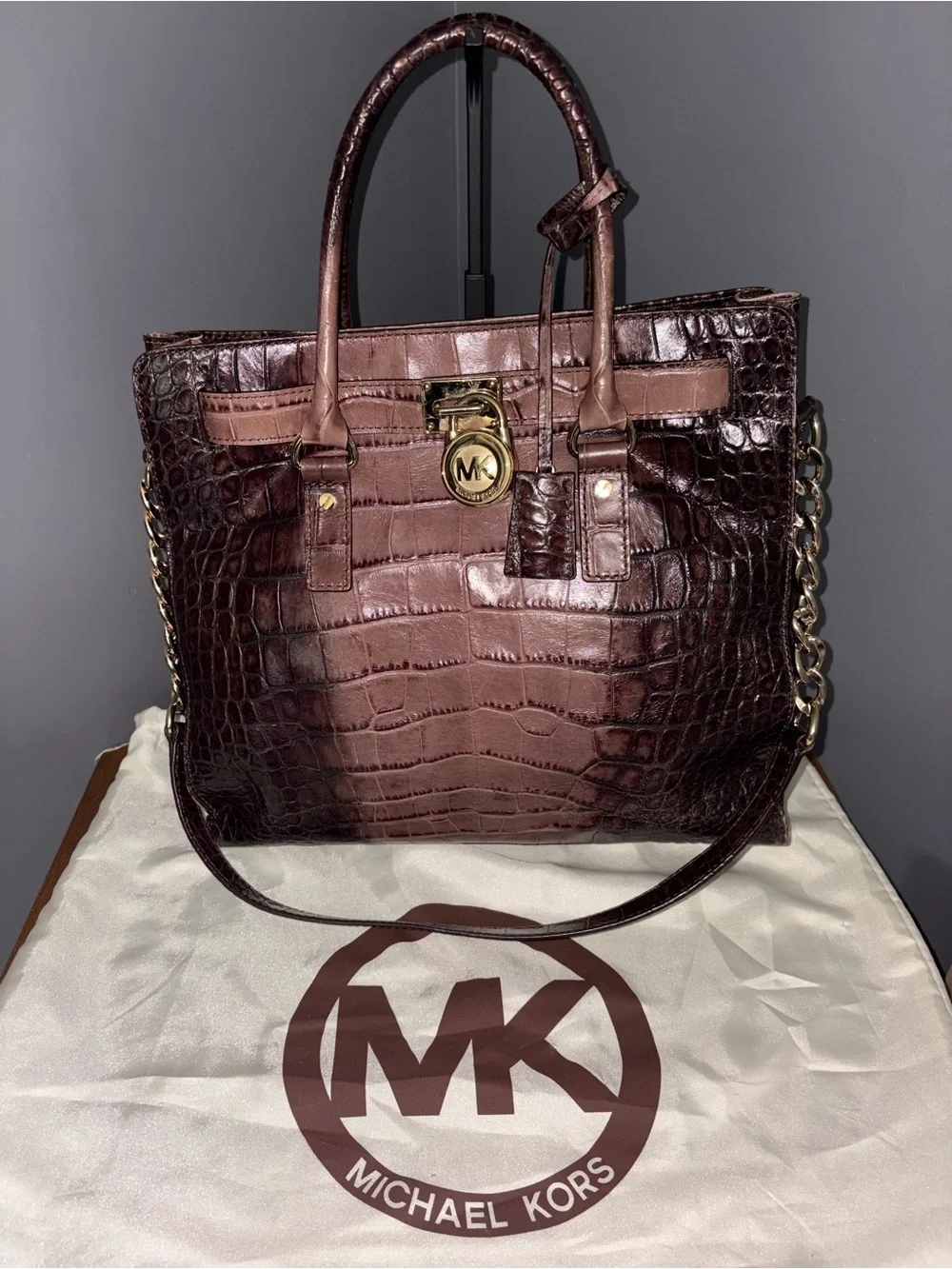 Michael Kors Hamilton Large Croc-Embossed Leather Satchel Tote Ombre Brown